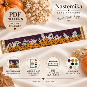 Puede incluir: Un patrón digital en PDF para pulsera peyote con un diseño repetitivo de Halloween de fantasmas blancos y calabazas naranjas sobre un fondo morado oscuro. El patrón incluye una tabla de colores, una tabla de palabras y mide 17 x 2,8 cm.