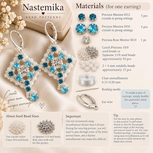 May include: A pair of diamond-shaped beaded earrings featuring blue crystals and white seed beads. The image includes a list of materials such as Preciosa crystals, seed beads, rondelle beads, clear monofilament, a beading needle, and ear wires.