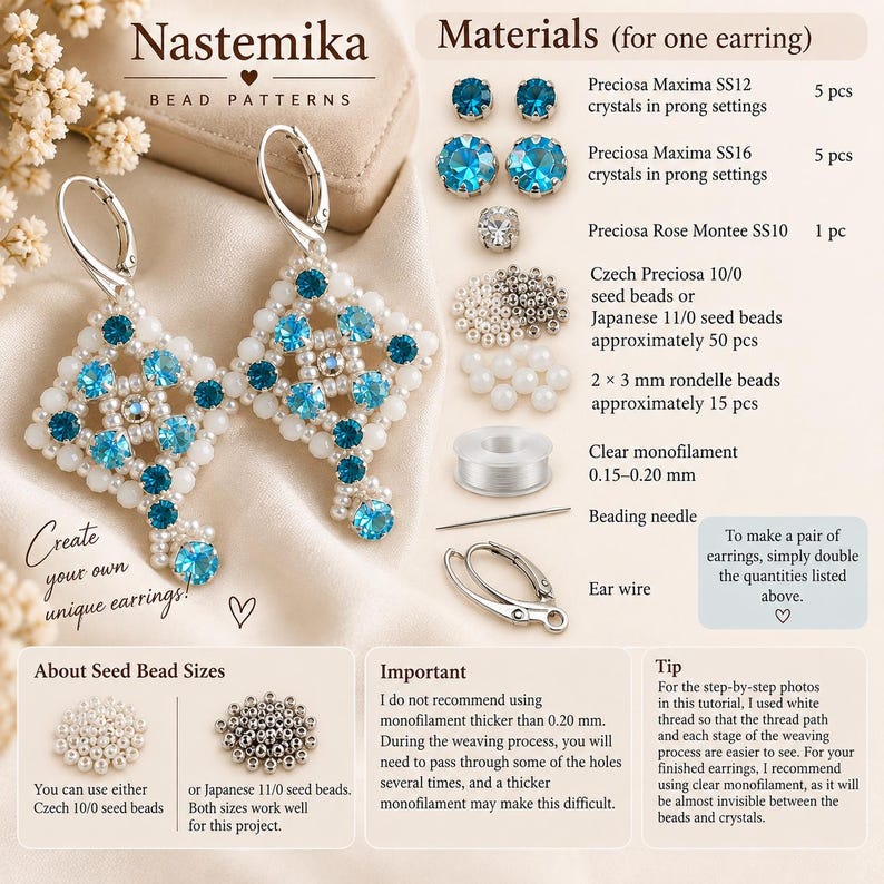 May include: A pair of diamond-shaped beaded earrings featuring blue crystals and white seed beads. The image includes a list of materials such as Preciosa crystals, seed beads, rondelle beads, clear monofilament, a beading needle, and ear wires.