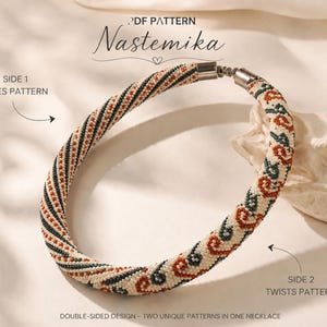 May include: A cream-coloured beaded necklace with black, green, and red accents. The necklace has a double-sided design, with a lines pattern on one side and a twists pattern on the other. The text "Nastemika" and "PDF PATTERN" are visible.