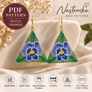 May include: A pair of triangular beaded earrings featuring a pansy flower design in shades of purple, blue, green, and yellow. The earrings hang from gold-toned hooks. The text reads PDF PATTERN PEYOTE TRIANGLE, Nastemika BEAD PATTERNS, 3.4 x 3.8 cm, 1.34 x 1.50 in.