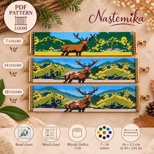 May include: Three rectangular beaded bracelets featuring a landscape design with a brown elk, green hills, and a blue sky. Each bracelet has gold-tone metal end bars with lobster clasps. The text Nastemika and PDF Pattern Loom are visible.