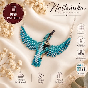 May include: A bird-shaped beaded necklace pendant crafted with turquoise, light blue, and black beads. The design features a brick stitch technique, labeled as a PDF pattern by Nastemika Bead Patterns, including a bead chart and word chart.