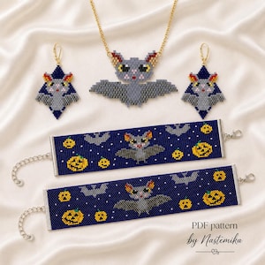 May include: A jewelry set featuring a beaded bat pendant on a gold chain, two matching bat earrings, and two beaded bracelets with bat and jack-o'-lantern motifs on a dark blue background. The text PDF pattern by Nastemika is visible.