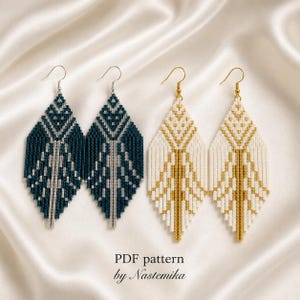 May include: Two pairs of long, diamond-shaped beaded earrings with fishhook wires. One pair features dark blue and silver beads, while the other pair features cream and gold beads. The text "PDF pattern by Nastemika" is printed at the bottom.