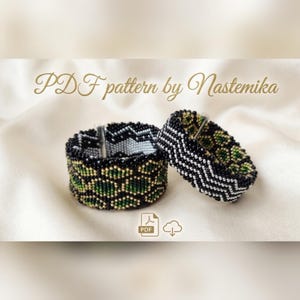 May include: Two beaded bracelets featuring intricate patterns. One bracelet displays a black, green, and gold hexagonal motif, while the other shows a black and silver chevron design. The text 'PDF pattern by Nastemika' is visible at the top.