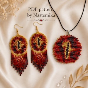 May include: A jewelry set featuring two beaded earrings and a matching pendant on a black cord. The pieces are crafted with red, orange, and black beads forming a vertical eye design with fringe on the earrings. Text reads: PDF pattern by Nastemika.