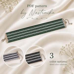 May include: A beaded bracelet featuring a horizontal striped pattern in dark green and white, with silver-toned metal end caps and a lobster clasp. The image includes text reading PDF pattern by Nastemika and 3 color options three color solutions.