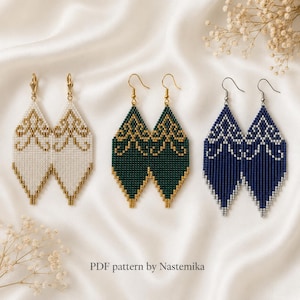 May include: Three pairs of diamond-shaped beaded earrings with gold-tone hooks. The first pair is white with gold accents, the second is dark green with gold accents, and the third is navy blue with silver accents. Text reads: PDF pattern by Nastemika.
