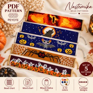 May include: A set of five beaded bracelets featuring Halloween-themed peyote patterns. Designs include a fiery eye, a wolf howling at a moon, bats with pumpkins, a spider on a web, and a row of ghosts with jack-o'-lanterns, all with metal clasps.