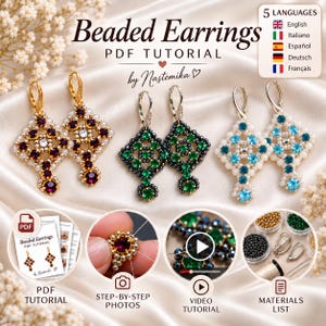 May include: A PDF tutorial for beaded earrings by Nastemika, featuring three pairs of diamond-shaped earrings in burgundy, green, and blue. The image includes step-by-step photos, a video tutorial link, and a materials list for crafting these designs.