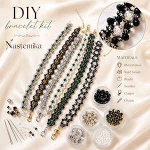 May include: DIY bracelet kit with multiple beaded bracelet designs. The kit includes rhinestones, seed beads, beads, needles, clasps, and chains. The bracelets feature various colors, including green, gold, silver, and black.
