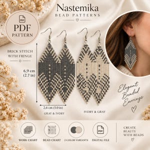 May include: Nastemika bead patterns PDF for brick stitch earrings with fringe. Includes two color variants: gray and ivory, and ivory and gray. Dimensions are 2.7 inches by 1.0 inch. Features a work chart, bead chart, and digital file format.