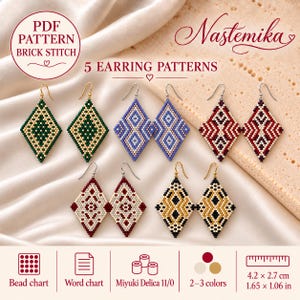 May include: A digital PDF brick stitch pattern for 5 diamond-shaped earrings by Nastemika. Includes bead charts, word charts, and Miyuki Delica 11/0 bead requirements. Finished earrings measure 1.65 x 1.06 inches, shown in green, blue, red, and gold.