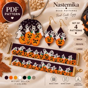 Halloween-Perlenmuster-Set, Geister-Kürbis-Brick-Stitch, Peyote- und Webarmband, Ohrringe-Anhänger (PDF)