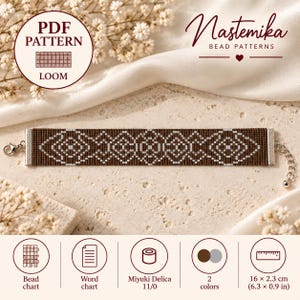 May include: A PDF loom bead pattern by Nastemika featuring a brown and white geometric design. The bracelet measures 6.3 by 0.9 inches, uses Miyuki Delica 11/0 beads in two colors, and includes a bead chart, word chart, and a visual ruler reference.