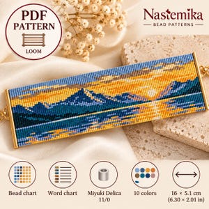 May include: A rectangular loom beadwork bracelet featuring a landscape of blue mountains and a yellow sunset. The design includes a bead chart, word chart, and specifies 10 colors of Miyuki Delica 11/0 beads. The finished piece measures 6.30 by 2.01 inches.