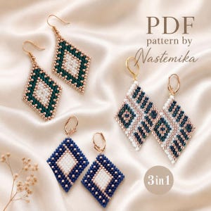 May include: Three pairs of diamond-shaped beaded earrings in green, blue, and multi-colored patterns with gold-toned hooks. The text reads PDF pattern by Nastemika and 3in1. The earrings feature small, uniform beads arranged in geometric designs.