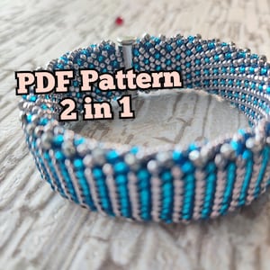 May include: A blue and silver beaded bracelet with a metal clasp. The bracelet is made with small beads and has a striped pattern. The image includes the text "PDF Pattern 2 in 1".