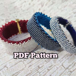 May include: Three beaded bracelets in different colors: white, blue, and red. The bracelets are made of small beads and have a woven pattern. The text "PDF Pattern" is visible below the bracelets.