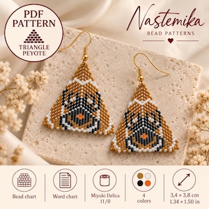 May include: A pair of triangle-shaped beaded earrings featuring a geometric pattern in gold, black, white, and orange. The earrings hang from gold-toned hooks. The image includes text: Nastemika Bead Patterns, PDF Pattern, Triangle Peyote, 3.4 x 3.8 cm.