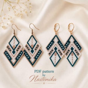 May include: Two pairs of diamond-shaped beaded earrings featuring a geometric pattern in dark teal, white, and metallic rose gold beads. The left pair has gold-tone hook wires, while the right pair has gold-tone lever-back wires. Text reads: PDF pattern by Nastemika.