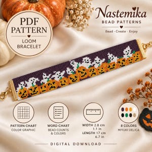 Può includere: Un modello per braccialetto a telaio con un design ripetuto di zucche arancioni e fantasmi bianchi su sfondo viola scuro. Il download digitale include un grafico del modello, una lista di perline e misura 2,8 cm di larghezza e 17 cm di lunghezza.