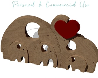 Patrón de sierra de calar de familia de elefantes: rompecabezas 3D, animal de madera (PDF, PNG, JPG)