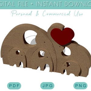 Patrón de sierra de calar, Familia de elefantes con amor y corazón (PDF, PNG, JPG), Rompecabezas 3D, Sierra de calar de animales, Juguete de madera con sierra de calar, Animal de madera