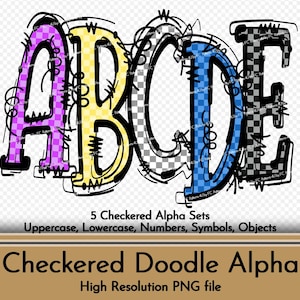 Colorful Checker Alphabet Bundle PNG Bright Color 5 Set, Checkered Letter Alpha Doodle Letters, Instant Download Digital Design Sublimation