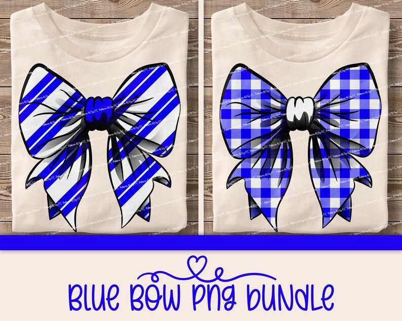 May include: Two digital images of blue bows on a white background. The bows are in different patterns, one is a striped pattern and the other is a checkered pattern. The images are for digital download.