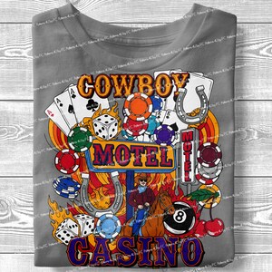 Cowboy Kasino und Hotel Western Collage Trendiges PNG, Acht-Ball-Würfelkarten West Rodeo Retro Edgy Cowgirl Sublimation Digital Design Shirt DTF