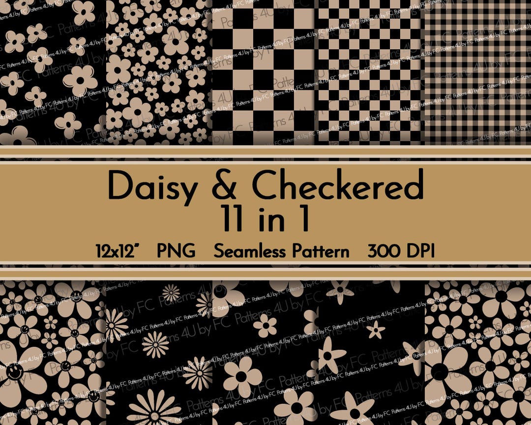 Daisy Checkered Black Boho Seamless Pattern Floral PNG, 11 in 1 Floral ...