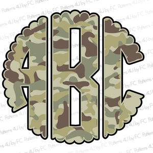 Round Camo Monogram Alpha PNG, Old Camouflage Scalloped Alphabet, Fishing, Army, Country, Hunting, Military Western, Shirt Circle Initials