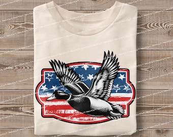 May include: A black and white illustration of a duck flying over a red, white, and blue American flag. The duck is in flight with its wings spread wide. The flag is in the background and has a distressed look.