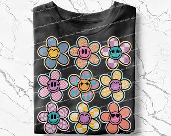 Retro Smiley Flower PNG: Checkered Leopard Sublimation Design