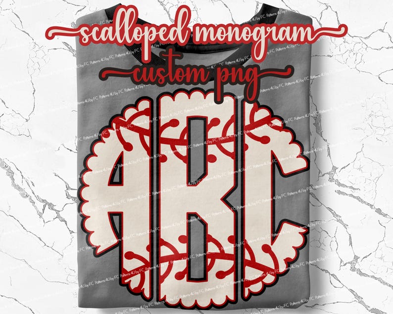 May include: Scalloped monogram design with the letters "ARC" in white on a red and gray background. The letters are surrounded by a scalloped border.