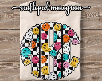 Retro Smiley Checkered Monogram PNG: Scalloped Alphabet (Digital Download)