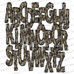 Bottomland Old Camo PNG-alfabetset, leger oude camouflage, digitaal ontwerp alfabet, vissen, land, jacht, militaire western handgetekende