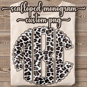 May include: Scalloped monogram with a leopard print design. The monogram is in the shape of a circle with a scalloped edge. The letters are white and the background is brown.