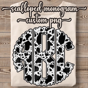 Monograma de vaca personalizado PNG Monograma con borde festoneado y estampado animal Sublimación PNG para camisetas, sudaderas, tazas, gorras, camisas Diseño de granja, estilo country occidental
