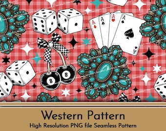 May include: A seamless pattern featuring a red and white gingham background with various western-themed elements, including dice, playing cards, turquoise jewelry, cherries, and stars. The pattern is ideal for use in crafting projects, scrapbooking, and digital design.