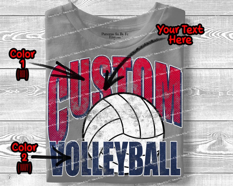 May include: Gray t-shirt with a volleyball design. The word "CUSTOM" is in red, and "VOLLEYBALL" is in navy blue. A white and gray volleyball is in the center of the design. The shirt has a distressed, vintage look.