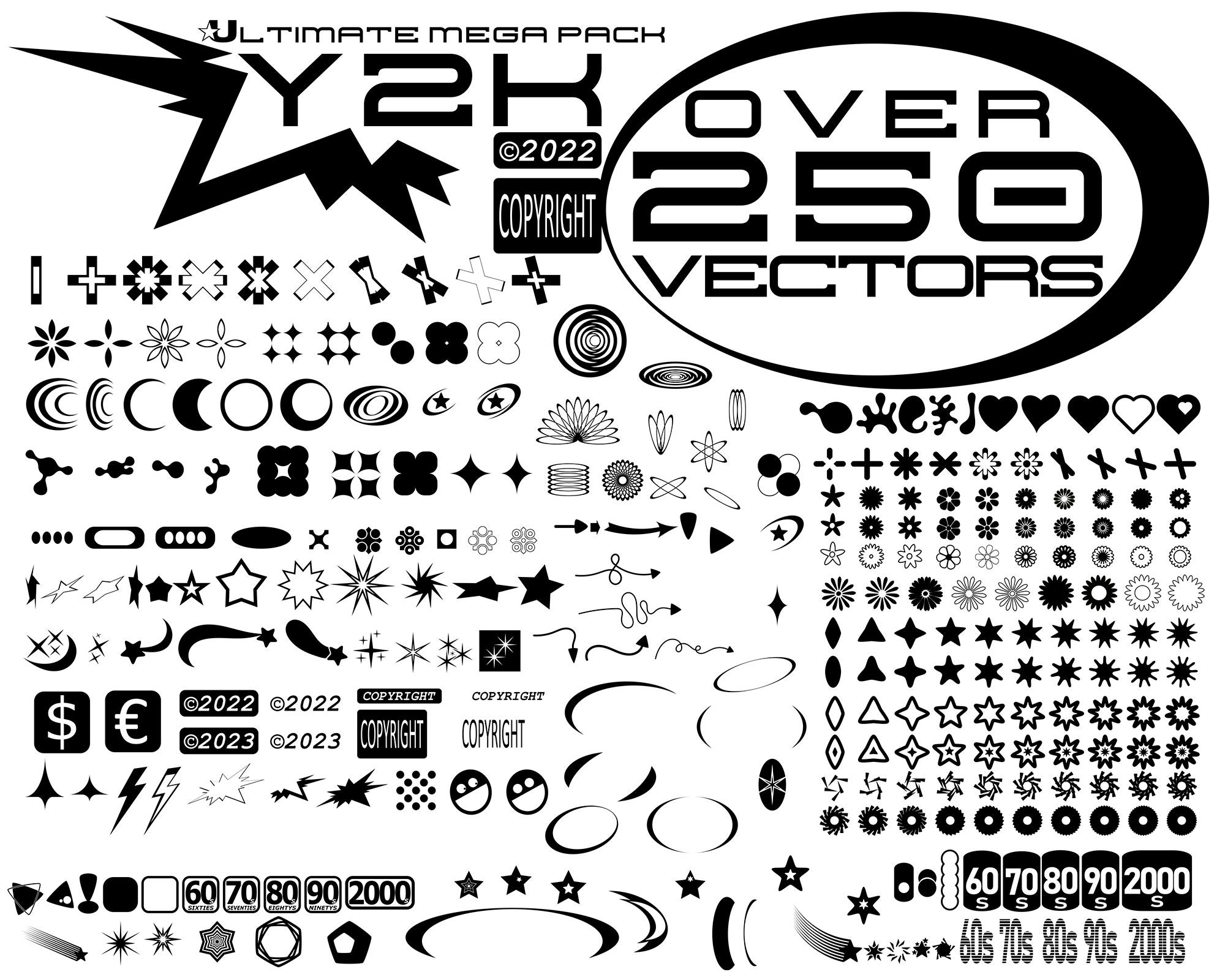 Y2K Aesthetic icons (100 assets for Logos, graphic design, Clothing)