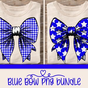 May include: Two digital images of blue bows on a white background. The first bow is a blue and white gingham pattern. The second bow is a blue and white star pattern.