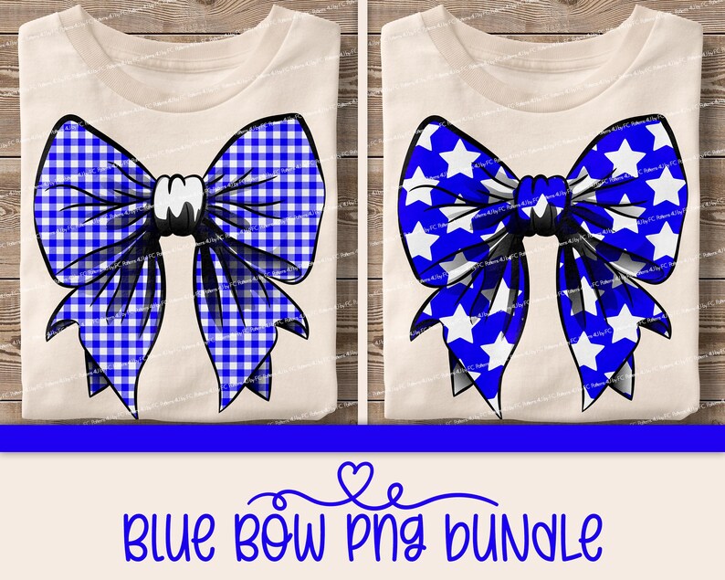 May include: Two digital images of blue bows on a white background. The first bow is a blue and white gingham pattern. The second bow is a blue and white star pattern.