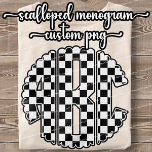 Monograma a cuadros blanco y negro personalizado PNG Monograma con borde festoneado Sublimación PNG para camisetas Sudaderas Tazas Gorras Camisas Diseño de cuadros