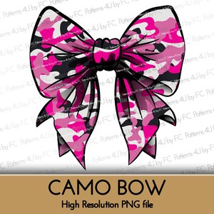 May include: A pink, black, and white camouflage bow. The bow is tied in a knot and has a large, rounded shape. The bow is a high-resolution PNG file.