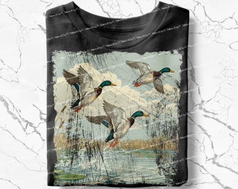 Vintage Flying Mallard Ducks PNG: Retro Wildlife Graphic (Digital Design)