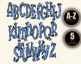 Blue Doodle Alphabet PNG Bundle: Preppy Letters, Numbers, Bows (Digital Download
